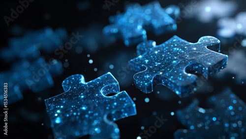 Connecting the dots of innovation Glowing blue puzzle pieces symbolizing solutions and teamwork on dark