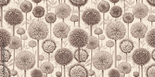 Elegant vintage floral pattern featuring fluffy spherical blooms in earthy tones.