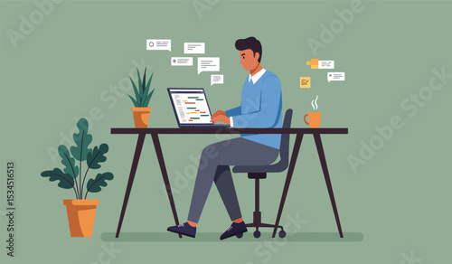 Business meeting or negotiation in office at table.  office meeting, business people working and discussion illustration