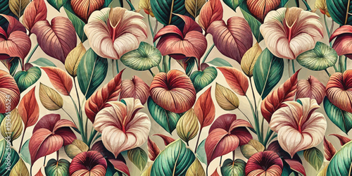 Vibrant botanical wallpaper featuring colorful tropical flowers and lush green leaves.