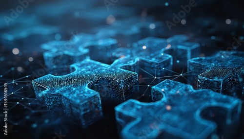 Interconnected digital jigsaw puzzle pieces shining with solutions symbolizing innovation with blue neon and