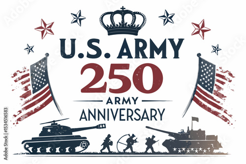 U.S. Army 250th anniversary tribute, crown, stars, American flags, tanks, soldier silhouettes, patriotic celebration, military heritage, vector art of armed forces milestone.
