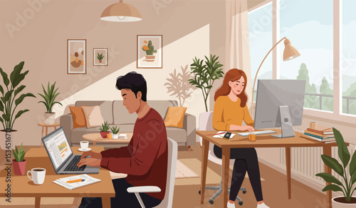 Business meeting or negotiation in office at table.  office meeting, business people working and discussion illustration