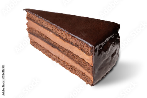 Sacher torte cake, slice of chocolate cake isolated