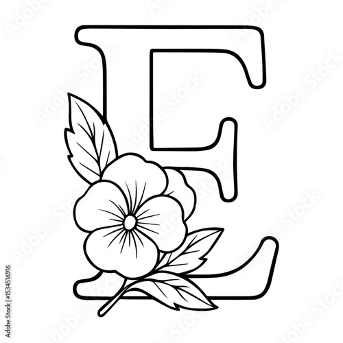 Floral Alphabet Letter 'E' Line Art - Elegant Monogram with Spring Flowers (Coloring Book Style)