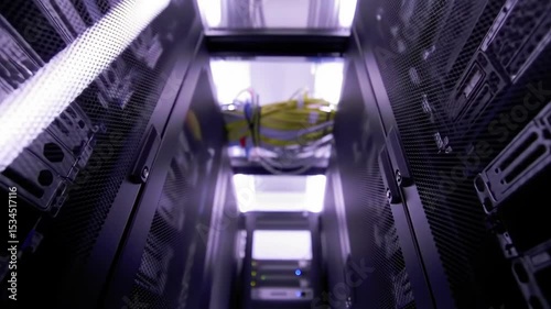 Data center server room with rows of computer servers and technology equipment