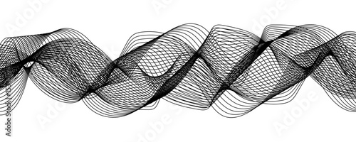 Abstract digital composition with smooth, flowing waveforms made of fine, parallel black lines.Modern digital and geometric technology themes & data visualizations, scientific concept.