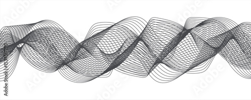 Abstract monochromatic wave pattern with smooth, flowing curves. Shades of grayscale, from light to dark,Frequency sound wave lines and technology curve lines. Wavy banner, template design.