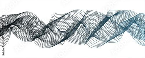 Abstract monochromatic wave pattern with smooth, flowing curves. Shades of grayscale, from light to dark,Frequency sound wave lines and technology curve lines. Wavy banner, template design.