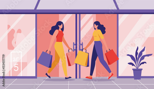 Girl shopping in mall, 618 mid year event promotion background, vector illustration