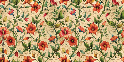 Vibrant floral pattern featuring red and orange flowers on a soft beige background.