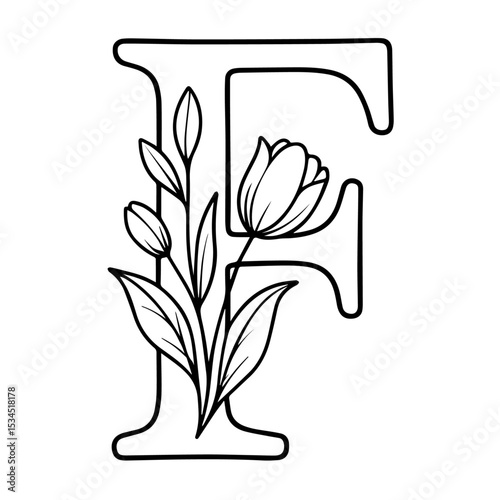 Floral Alphabet Letter 'F' Line Art - Elegant Monogram with Spring Flowers (Coloring Book Style)