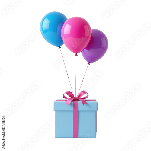 Colorful balloons floating above a gift box with a pink ribbon for celebration or party themes