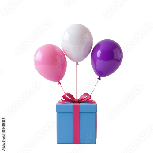 Colorful balloons in pastel shades floating above a gift box with a pink ribbon, perfect for celebrations and events