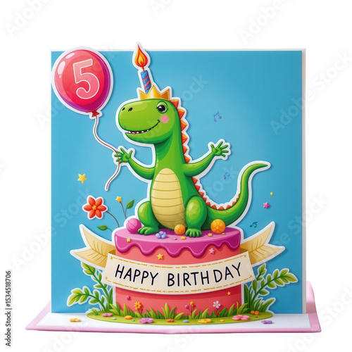 Colorful dinosaur birthday card design for a five-year-old with festive elements and cheerful decorations
