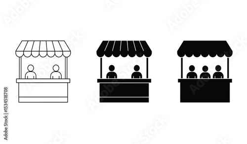 Booth or stand icon set with exhibitor. Sales booth icon set isolated on white background.