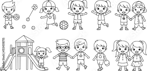 Collection of cute boys and girls enjoying outdoor activities vector flat illustration. Set of children playing games, having fun at playground, walking, spending time together isolated on white
