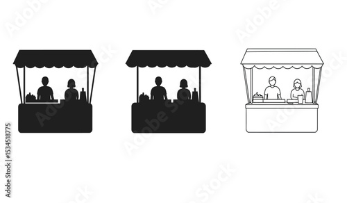 Booth or stand icon set with exhibitor. Sales booth icon set isolated on white background.