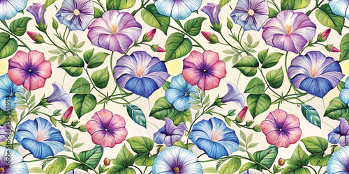 Colorful floral pattern featuring purple, blue, and pink morning glory flowers.
