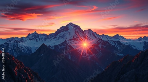 Last light of sunset behind rocky mountain horizon photo