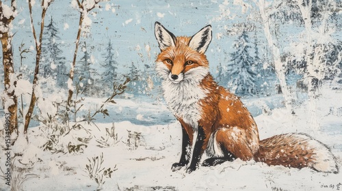 Red fox sitting in snowy winter forest landscape painting.