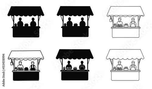 Booth or stand icon set with exhibitor. Sales booth icon set isolated on white background.