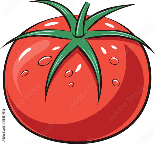Realistic vibrant red tomato with water droplets and green stem vector illustration.