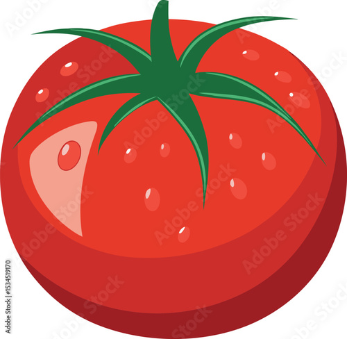 Realistic vibrant red tomato with water droplets and green stem vector illustration.