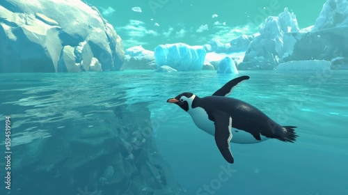 Penguin swimming in icy arctic waters near icebergs.