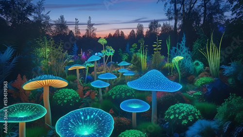 Enchanting glowing mushrooms in a fantasy forest at dusk with bioluminescent details