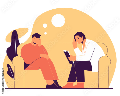 Depressed Man on Couch at Psychologist Appointment - Professional Mental Health Support & Therapy Session Cartoon Vector Illustration