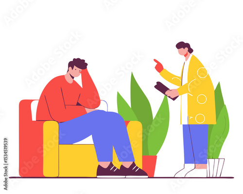 Depressed Man on Couch at Psychologist Appointment - Professional Mental Health Support & Therapy Session Cartoon Vector Illustration