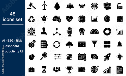 Solid glyph icon pack with 48  designs for ESG, AI, risk analysis, dashboards and productivity apps. Perfect for modern UI, web, mobile and SaaS platforms.