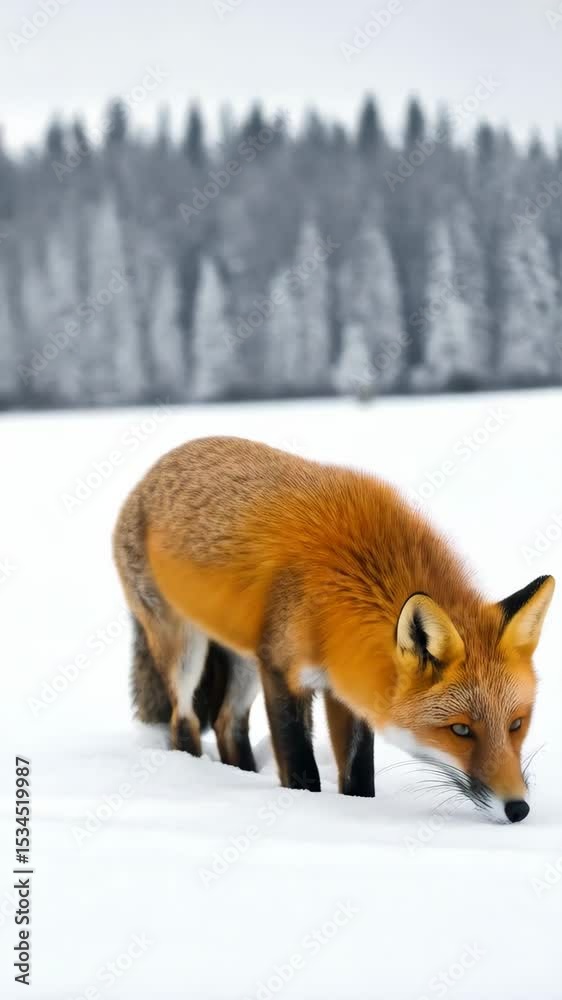 Red fox intently sniffing the snow covered ground in a winter landscape with evergreen trees, seeking prey, natural wildlife photography Red fox intently sniffing the snow covered ground in a winter landscape with evergreen trees, seeking prey, natural wildlife photography