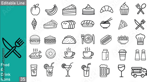 35 Monoline Food & Drink Icons – Clean Line Art for Culinary & Beverage UI, Menus & Infographics