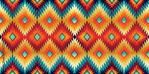 Colorful geometric pattern with reds, oranges, and blues on a vibrant background.