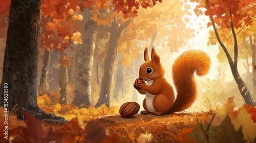 Adorable red squirrel enjoying an acorn in a sun-dappled autumn forest.