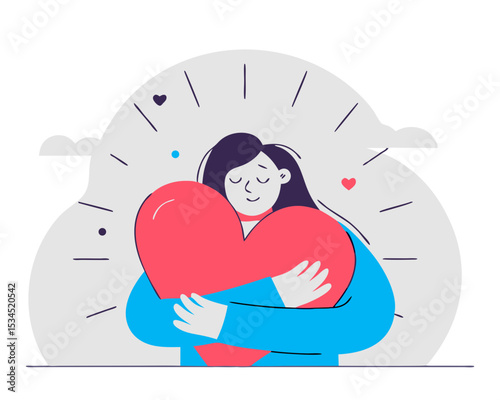 Woman Hugging Heart Vector - Self-Love, Inner Peace & Mental Wellbeing Conceptual Illustration | Positive Emotions, Freedom & Happiness