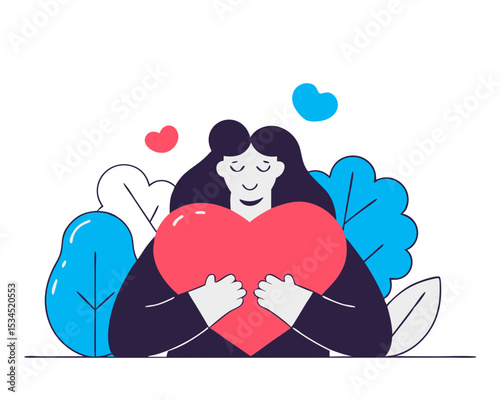 Woman Hugging Heart Vector - Self-Love, Inner Peace & Mental Wellbeing Conceptual Illustration | Positive Emotions, Freedom & Happiness