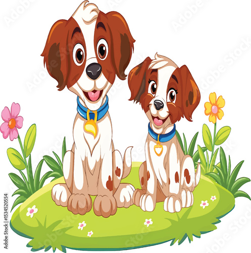 Playful puppies exploring a vibrant garden, full of joy, innocence, and natural beauty.