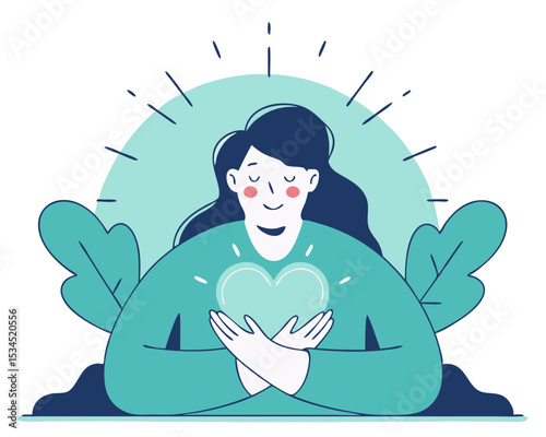 Woman Hugging Heart Vector - Self-Love, Inner Peace & Mental Wellbeing Conceptual Illustration | Positive Emotions, Freedom & Happiness