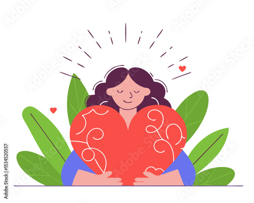 Woman Hugging Heart Vector - Self-Love, Inner Peace & Mental Wellbeing Conceptual Illustration | Positive Emotions, Freedom & Happiness