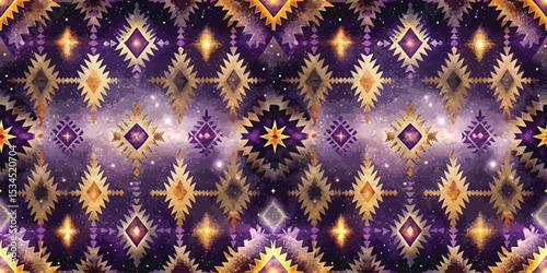 Vibrant geometric pattern in purple and gold tones with a cosmic feel.