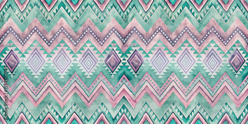Colorful geometric pattern in pastel hues, featuring zigzag and diamond shapes.