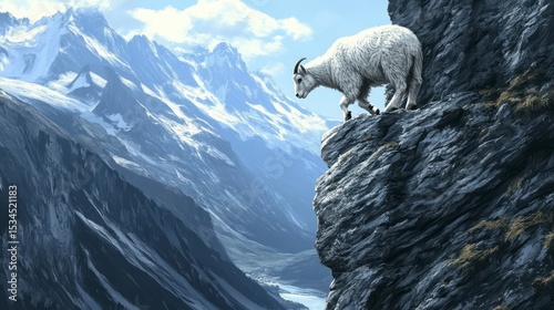 A majestic mountain goat cautiously steps on a cliff edge overlooking a snow-capped mountain range and valley.