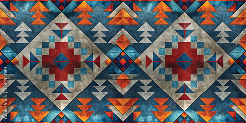 Colorful geometric pattern featuring vibrant reds, blues, and oranges.