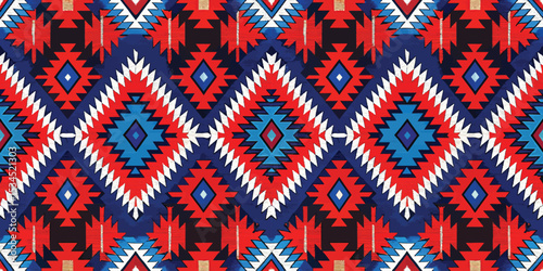 Vibrant tribal pattern featuring red, blue, and white geometric shapes.