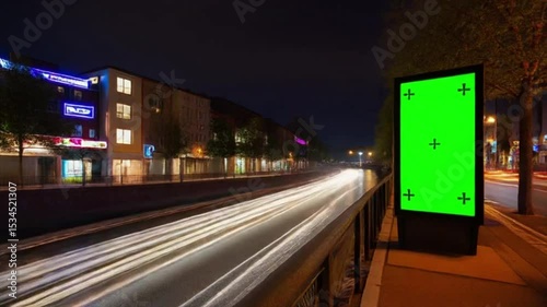  Urban Waterfront Timelapse: Boat Movement from Day to Night with Green Billboard