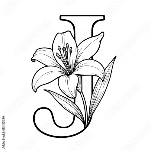 Floral Alphabet Letter 'J' Line Art - Elegant Monogram with Spring Flowers (Coloring Book Style)