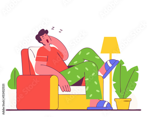 Relaxed Man Yawning in Home Clothes & Slippers - Leisure Time, Furniture Design & Post-Work Relaxation Cartoon Vector Illustration